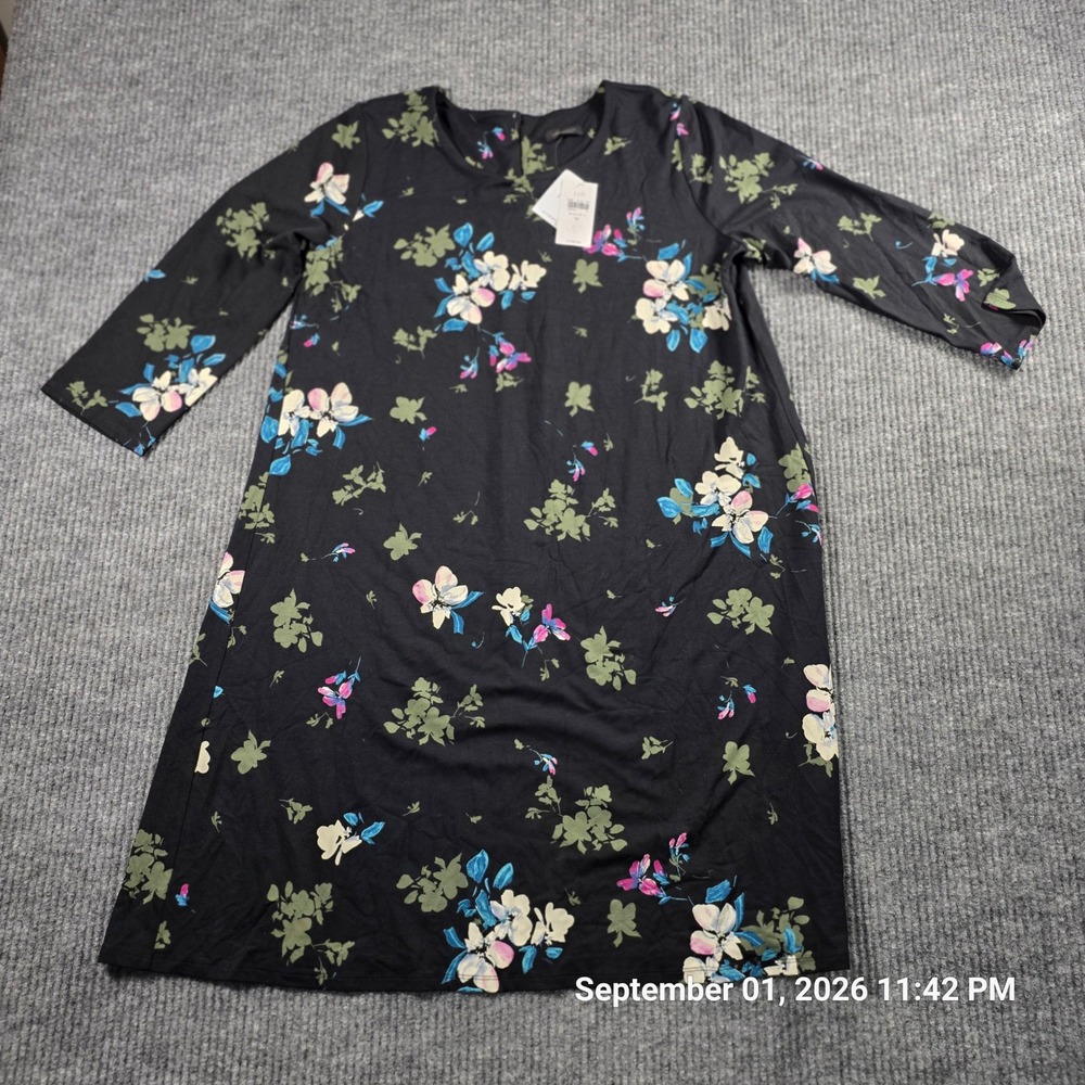J. Jill Wearever Floral Shift Dress Black Pink Blue 3/4 Sleeve Medium NWT 204881